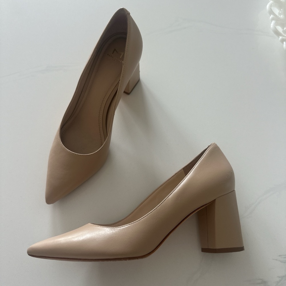 Marc Fisher Leather Pointed Toe Block Heel Pumps in Nude